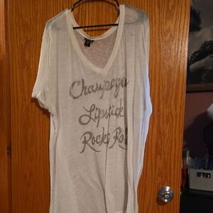 Torrid White V-Neck Blouse with Silver Script